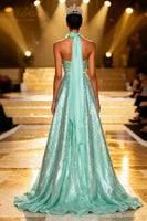 Load image into Gallery viewer, Sparkly Mint Green Sequin A Line Neck Scarf Long Pageant Dress
