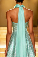 Load image into Gallery viewer, Sparkly Mint Green Sequin A Line Neck Scarf Long Pageant Dress