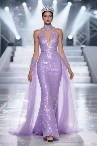 Sparkly Light Purple V-Neck Sequins Mermaid Long Pageant Dress