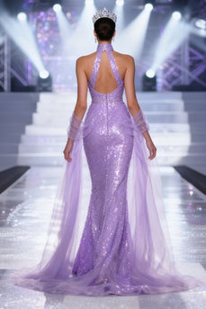 Sparkly Light Purple V-Neck Sequins Mermaid Long Pageant Dress