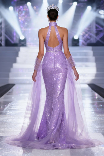 Sparkly Light Purple V-Neck Sequins Mermaid Long Pageant Dress