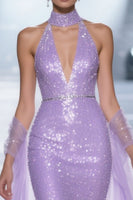 Load image into Gallery viewer, Sparkly Light Purple V-Neck Sequins Mermaid Long Pageant Dress