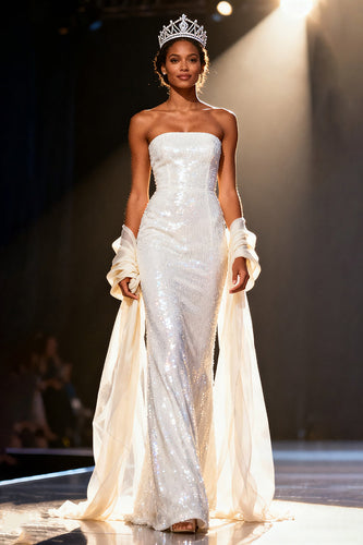 Sparkly White Mermaid Sequins Strapless Long Pageant Dress