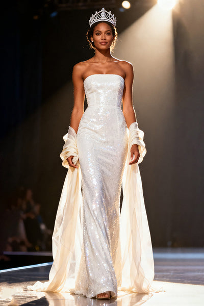 Sparkly White Mermaid Sequins Strapless Long Pageant Dress