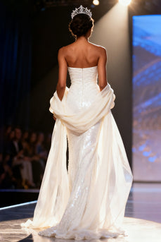 Sparkly White Mermaid Sequins Strapless Long Pageant Dress