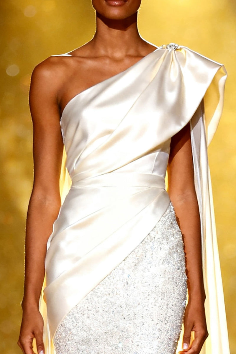 Load image into Gallery viewer, Sparkly White Sequins One Shoulder Mermaid Long Pageant Dress with Side Cape