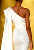 Load image into Gallery viewer, Sparkly White Sequins One Shoulder Mermaid Long Pageant Dress with Side Cape