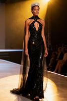 Load image into Gallery viewer, Sparkly Black Mermaid Sequins Neck Scarf V-Neck Long Pageant Dress