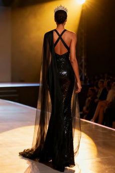 Sparkly Black Mermaid Sequins Neck Scarf V-Neck Long Pageant Dress