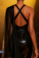 Load image into Gallery viewer, Sparkly Black Mermaid Sequins Neck Scarf V-Neck Long Pageant Dress