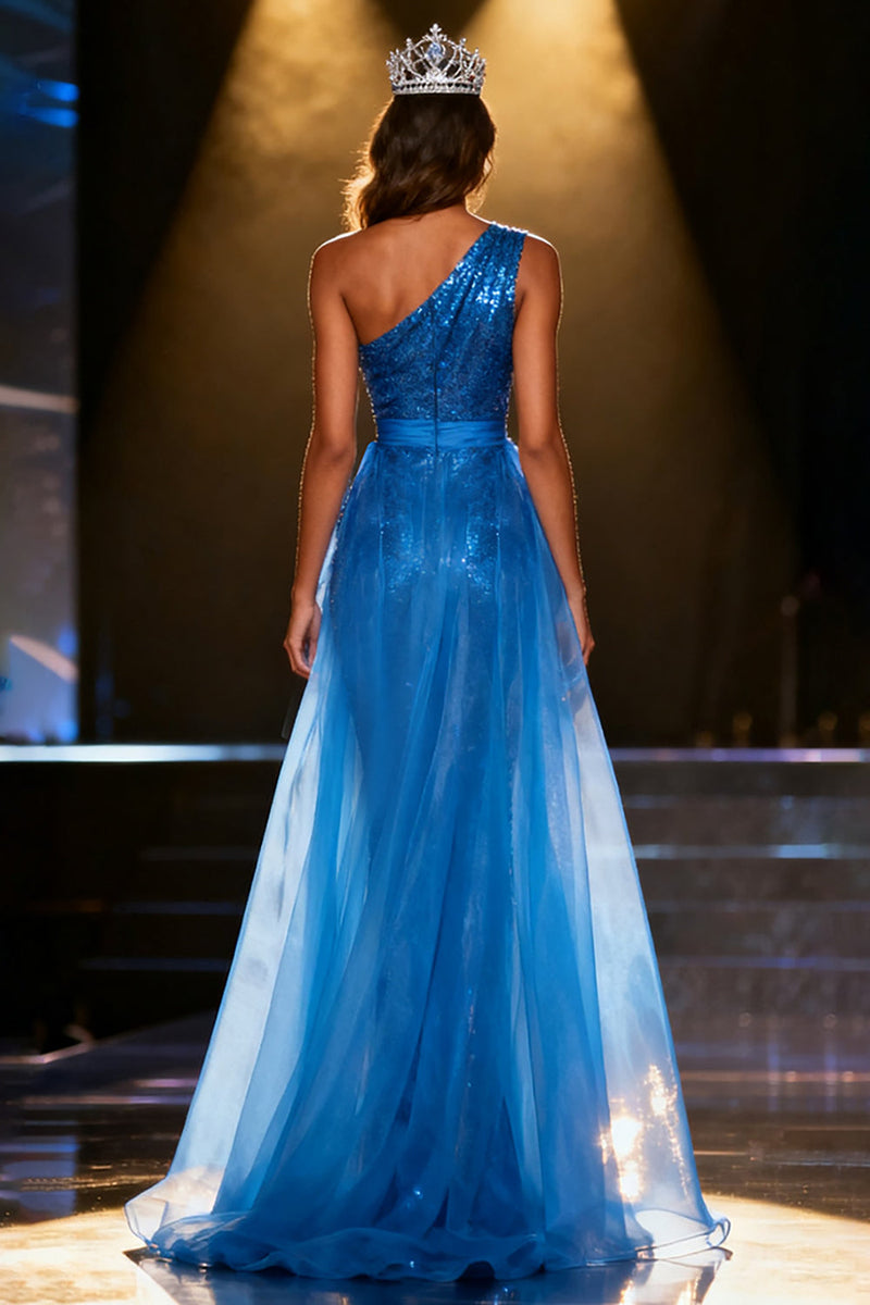 Load image into Gallery viewer, Sparkly Royal Blue Mermaid Sequins Long Pageant Dress with Sash