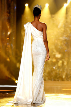 Sparkly White Sequins One Shoulder Mermaid Long Pageant Dress with Side Cape