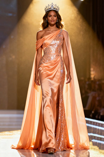 Sparkly Orange Satin Sequins Mermaid Long Pageant Dress with Cape