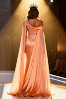 Load image into Gallery viewer, Sparkly Orange Satin Sequins Mermaid Long Pageant Dress with Cape