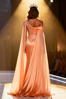 Sparkly Orange Satin Sequins Mermaid Long Pageant Dress with Cape