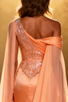 Load image into Gallery viewer, Sparkly Orange Satin Sequins Mermaid Long Pageant Dress with Cape