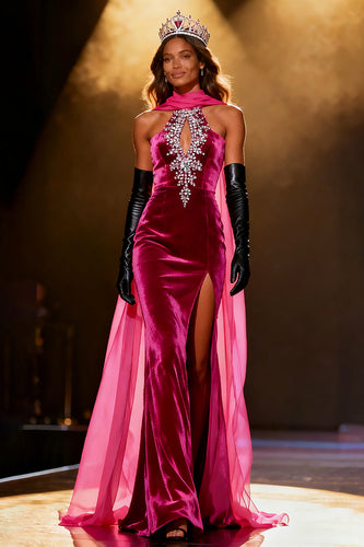 Sparkly Fuchsia Velvet Neck Scarf Mermaid Rhinestone Long Pageant Dress with Slit