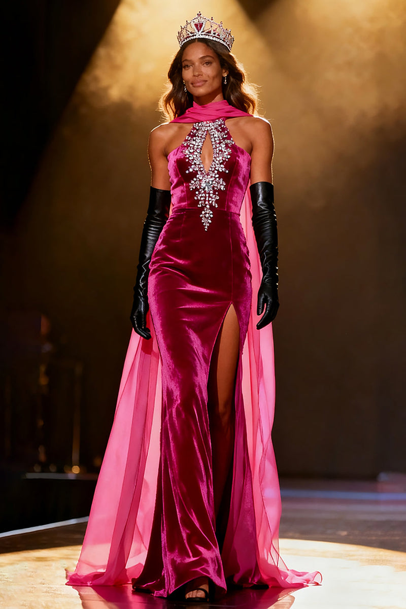 Load image into Gallery viewer, Sparkly Fuchsia Velvet Neck Scarf Mermaid Rhinestone Long Pageant Dress with Slit