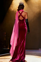 Load image into Gallery viewer, Sparkly Fuchsia Velvet Neck Scarf Mermaid Rhinestone Long Pageant Dress with Slit