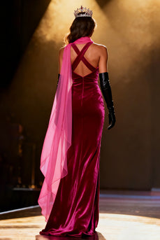 Sparkly Fuchsia Velvet Neck Scarf Mermaid Rhinestone Long Pageant Dress with Slit