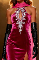 Load image into Gallery viewer, Sparkly Fuchsia Velvet Neck Scarf Mermaid Rhinestone Long Pageant Dress with Slit