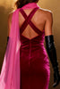 Load image into Gallery viewer, Sparkly Fuchsia Velvet Neck Scarf Mermaid Rhinestone Long Pageant Dress with Slit