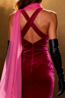 Load image into Gallery viewer, Sparkly Fuchsia Velvet Neck Scarf Mermaid Rhinestone Long Pageant Dress with Slit