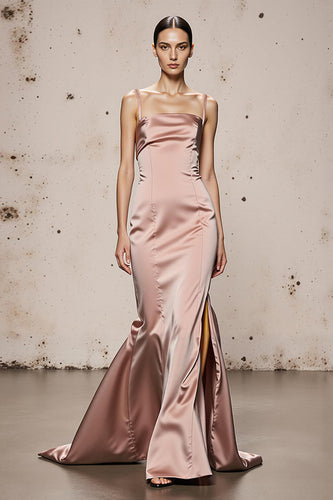 Light Pink Mermaid Satin Spaghetti Straps Long Formal Dress with Slit