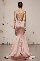 Load image into Gallery viewer, Light Pink Mermaid Satin Spaghetti Straps Long Formal Dress with Slit