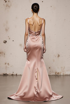 Light Pink Mermaid Satin Spaghetti Straps Long Formal Dress with Slit
