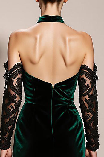 Dark Green Velvet Halter Backless Mermaid Long Formal Dress