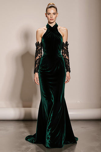 Dark Green Velvet Halter Backless Mermaid Long Formal Dress