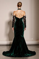 Load image into Gallery viewer, Dark Green Velvet Halter Backless Mermaid Long Formal Dress