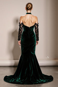 Dark Green Velvet Halter Backless Mermaid Long Formal Dress