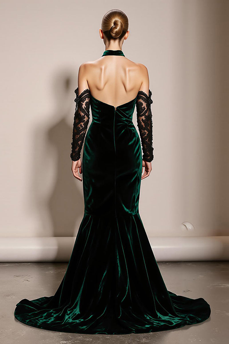Load image into Gallery viewer, Dark Green Velvet Halter Backless Mermaid Long Formal Dress