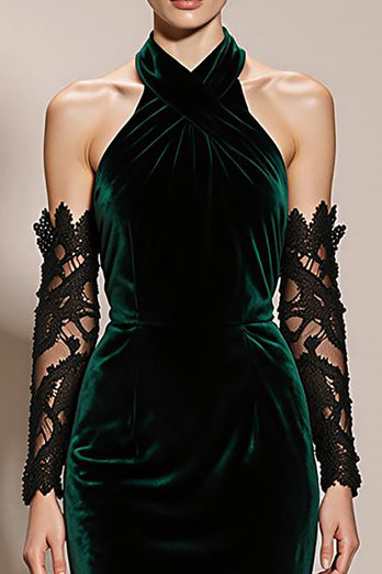 Dark Green Velvet Halter Backless Mermaid Long Formal Dress