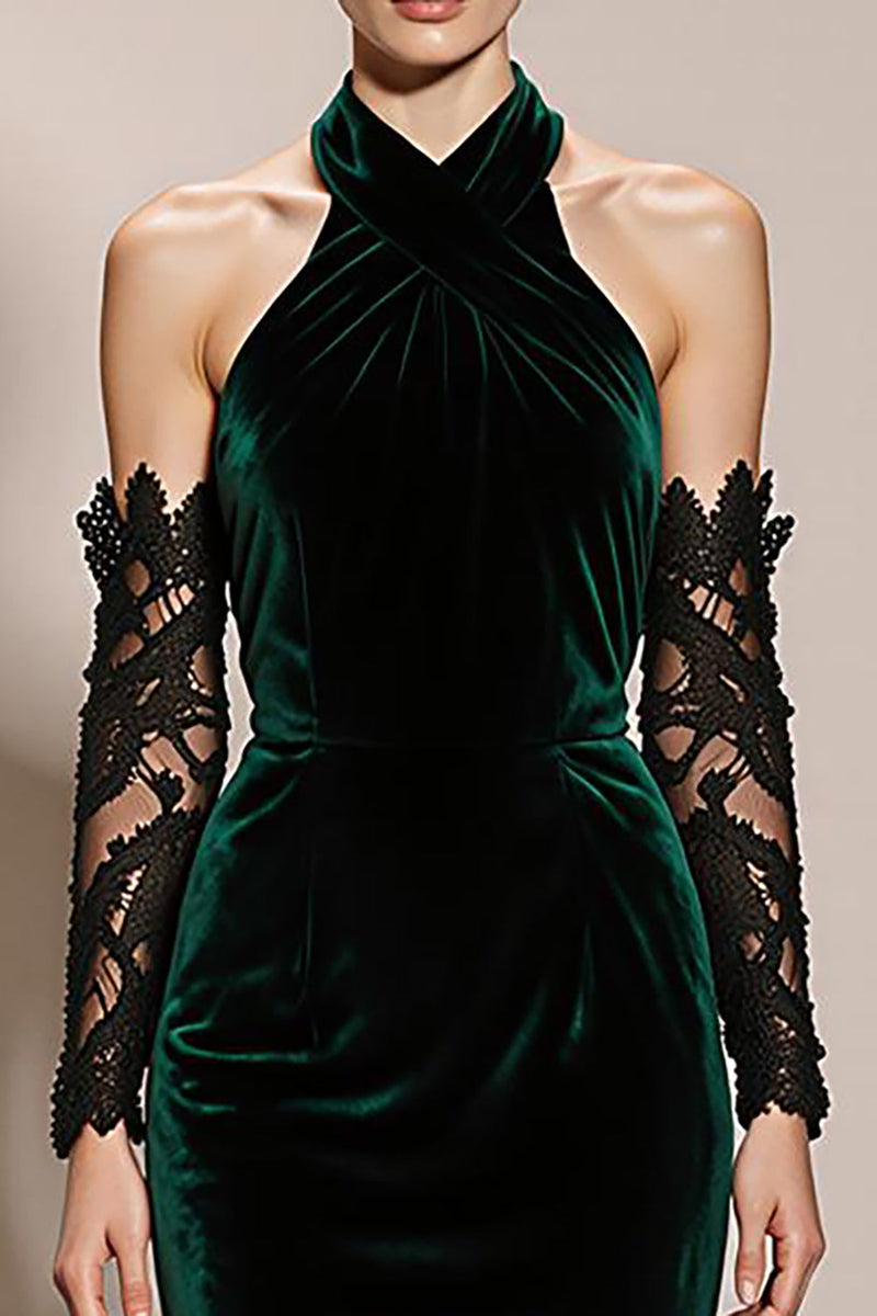 Load image into Gallery viewer, Dark Green Velvet Halter Backless Mermaid Long Formal Dress