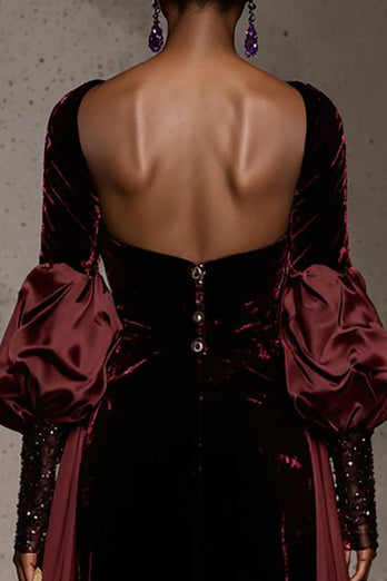 Burgundy Velvet Mermaid Single Breasted Long Sleeves Formal Dress with Cape