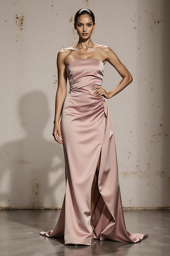 Simple Light Pink Strapless Satin Ruched Long Formal Dress with Slit