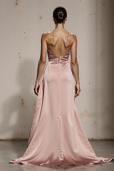 Simple Light Pink Strapless Satin Ruched Long Formal Dress with Slit