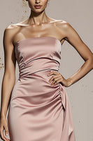 Load image into Gallery viewer, Simple Light Pink Strapless Satin Ruched Long Formal Dress with Slit