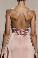 Load image into Gallery viewer, Simple Light Pink Strapless Satin Ruched Long Formal Dress with Slit