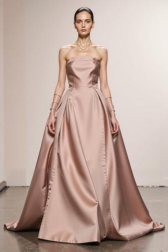 Simple Light Pink Satin A Line Strapless Long Formal Dress