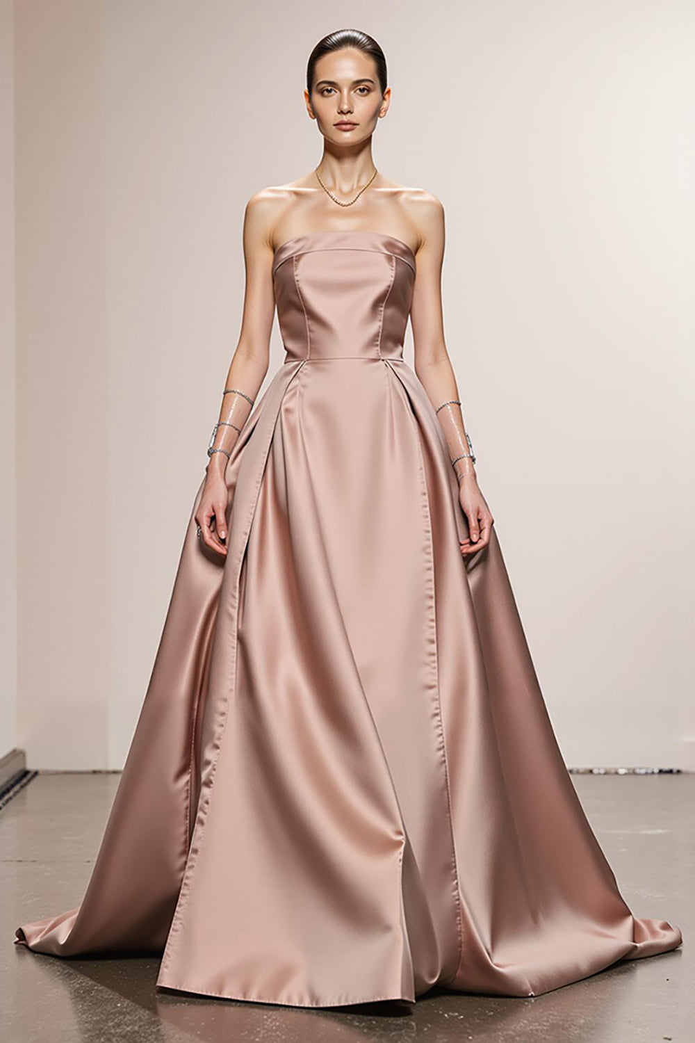 Simple Light Pink Satin A Line Strapless Long Formal Dress