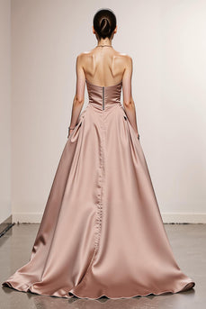 Simple Light Pink Satin A Line Strapless Long Formal Dress