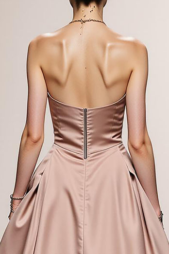 Simple Light Pink Satin A Line Strapless Long Formal Dress