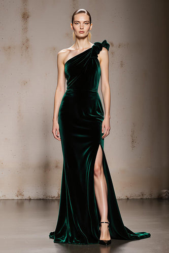 Dark Green Velvet One Shoulder Mermaid Long Formal Dress with Slit