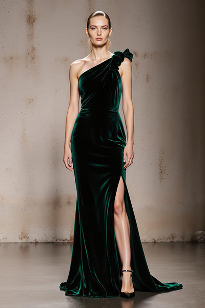 Queendancer Women Dark Green Velvet Long Formal Dress with Slit One Shoulder Mermaid Evening Dress
