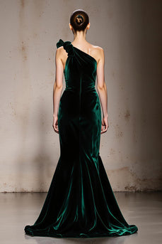 Dark Green Velvet One Shoulder Mermaid Long Formal Dress with Slit