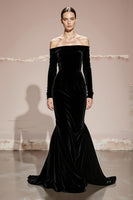 Load image into Gallery viewer, Black Velvet Off the Shoulder Backless Mermaid Long Sleeves Formal Dress